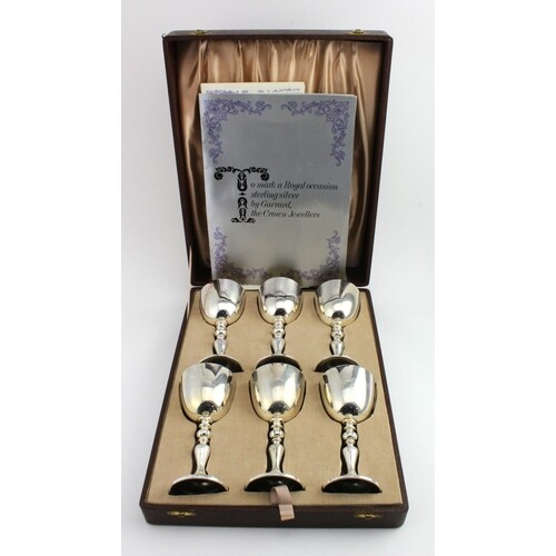 Boxed set of six silver commemorative goblets by Garrard & C...