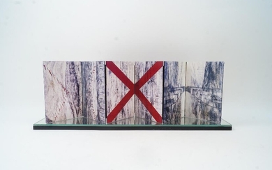 British School, late-20th/early-21st century- Untitled abstract composition; oil and mixed media on four folded joined panels mounted on mirrored plinth, 9 x 60 x 15 cm