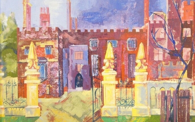 British School, mid-20th century- Exterior of a house; oil on board, signed with initials lower right, 47.5 x 58.5 cm