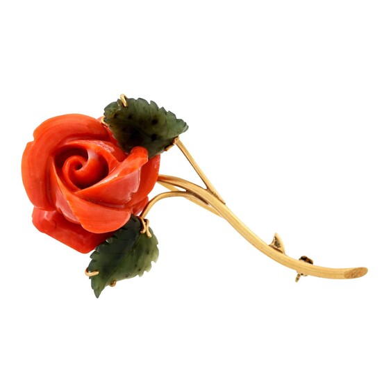Brosche "Rose" aus Koralle und Nephrit