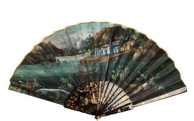 CANTON LACQUERED AND PAPER 'LANDSCAPE' FAN QING