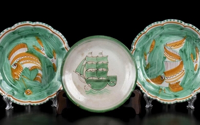 CAS Three green plates with fishes and sailing ship decoration...