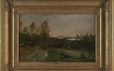CHARLES FRANCOIS DAUBIGNY (France, 1817-1878), Autumnal landscape with country road., Oil on cradled