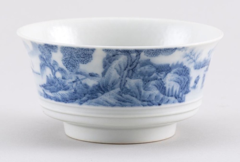 CHINESE BLUE AND WHITE PORCELAIN BOWL Decoration of figures in a landscape at interior center and about the exterior. Four-character...