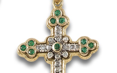 CROSS PENDANT WITH DIAMONDS AND EMERALDS, IN YELLOW GOLD