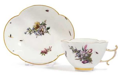 CUP AND SAUCER IN QUATREFOIL PAINTED WITH FLOWERS AND INSECTS