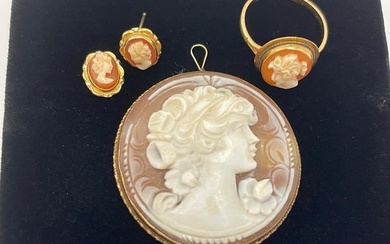 Cameo in 14k gold, gold ring and earrings