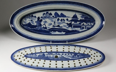 Canton Fish Platter and Original Strainer, 19th c.
