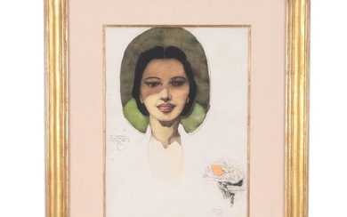 Carl Folke Sahlin Watercolor Painting Portrait of Young Woman