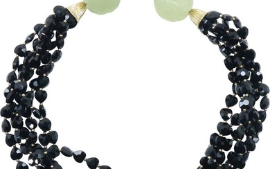 Carved Snake Opaque Green Glass Balls with Black Onyx and 14K Beads 6-Strand Necklace