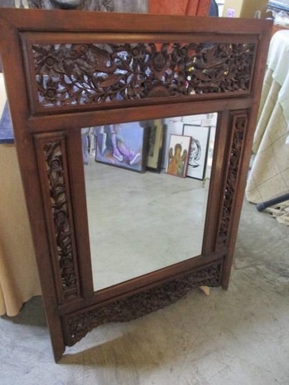 Carved Wood Wall Mirror with Bevelled Glass an Carved Birds ...