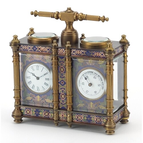 Champlevé enamel brass cased travelling timepiece with clock...