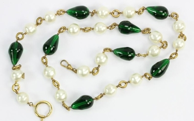 Chanel Faux Pearl and Green Glass Necklace