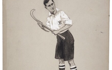 Charles Napier Ambrose, British 1876-1946- S H Shoveller, hockey player; pen and brush and black ink heightened with white on grey coloured paper, signed, 29 x 23 cm: together with two other drawings/original artworks for illustration by the same...