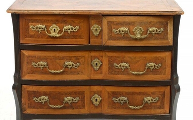 Chest of drawers called "Mazarine" in veneer, burr marquetry and blackened wood opening by four drawers. Gilt bronze ornamentation, handles decorated with "Dauphins". French work. Period: early 18th century. Dim.:+/-102x78,5x61cm.