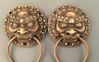 Chinese Bronze Lion Door Bell Pair