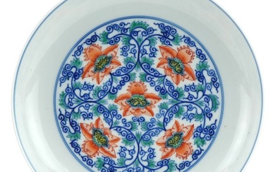 Chinese doucai porcelain dish hand painted with flower heads...
