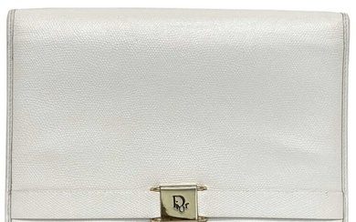 Christian Dior Clutch Bag White Gold Flap Leather Plate Ladies