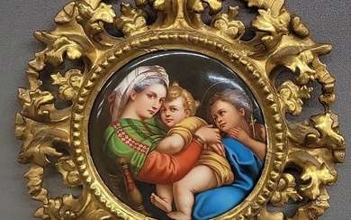 Circa 1880's Painting on porcelain of Madonna & Child (original by Raphael) in Gold Leaf antique
