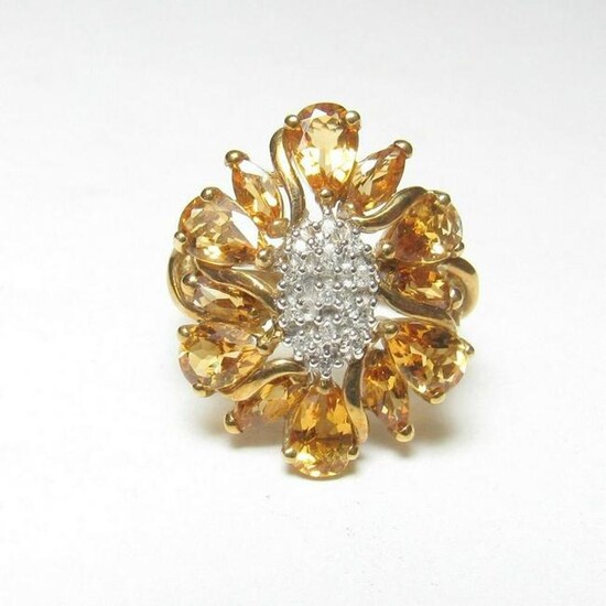 Citrine Diamond Sunflower 10Kt Gold Ring