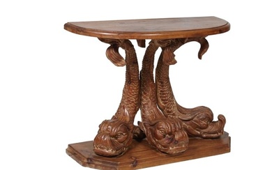 Continental Classical Dolphin Form Carved Pine Console, 20th c., H.- 29 1/2 in., W.- 40 in., D.- 19