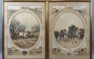 Coppia di dipinti inglesi raffiguranti "La caccia alla volpe" ed "Il Viaggio", acquarelli su carta, cm. 66x48, fine XIX secolo, entro cornici.