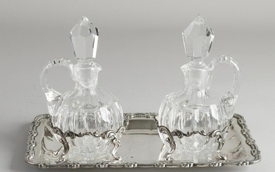 Crystal carafes set on silver tablet, 925/000, Two
