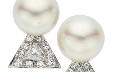 Cultured Pearl, Diamond, Platinum, White Metal Earrings Stones: Triangular...