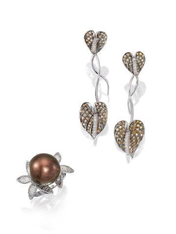 Cultured Pearl and Diamond Ring and Pair of Coloured Diamond and Diamond Pendent Earrings