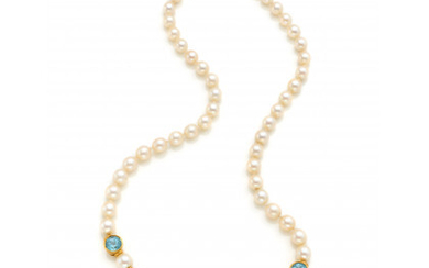 Cultured freshwater pearl necklace with yellow gold clasp and gem set spacers, white gold details, g 47.25 circa, length cm...