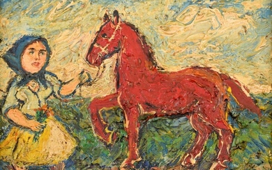 David Burliuk Painting, Peasant Woman and Horse