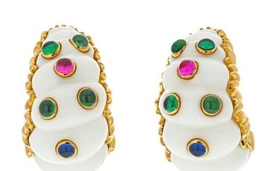 David Webb Cabochon Round Cut Ruby Emerald And Sapphire Earrings