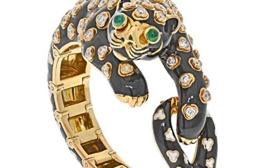 David Webb Platinum & 18K Yellow Gold Enamel Diamonds Green Emeralds Leopard Bracelet