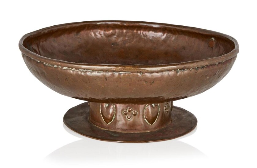 Designer unknown, Arts and Crafts rose and hearts pedestal fruit bowl, circa 1900, Hammered copper, Unsigned, 27cm diameter, 10cm high