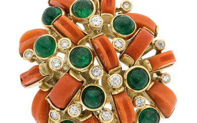 Diamond, Emerald, Coral, Gold Ring Stones: Full-cut diamonds weighing...