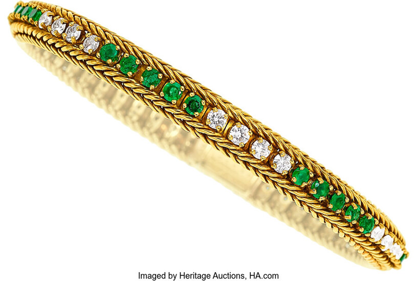 Diamond, Emerald, Gold Bracelet The bracelet features full-cut diamonds...