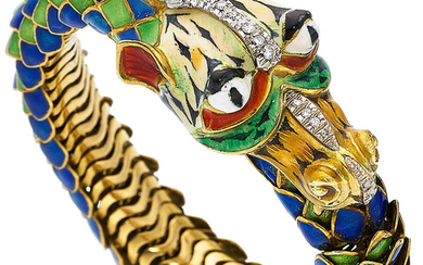 Diamond, Enamel, Gold Bracelet The dragon bracelet features single...