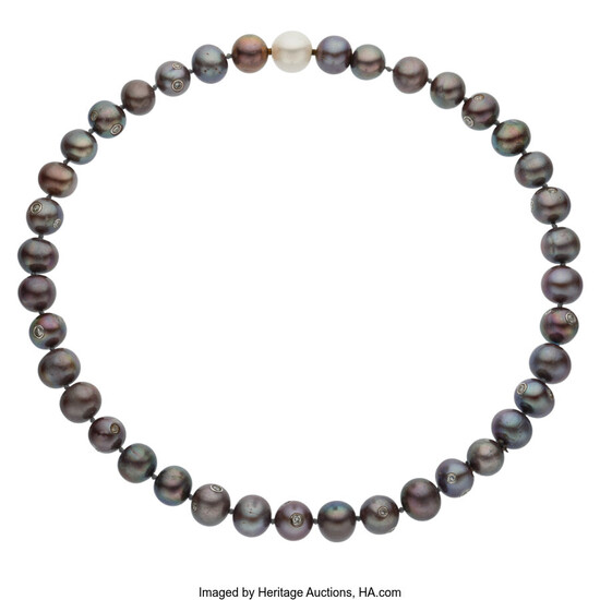 Diamond, Freshwater Cultured Pearl, White Gold Necklace The necklace...