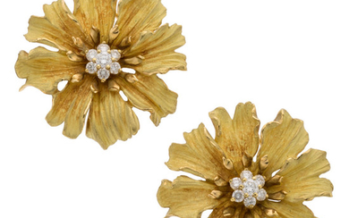 Diamond, Gold Earrings The floral earrings feature full-cut diamonds...