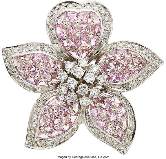 Diamond, Pink Sapphire, White Gold Brooch The brooch features...