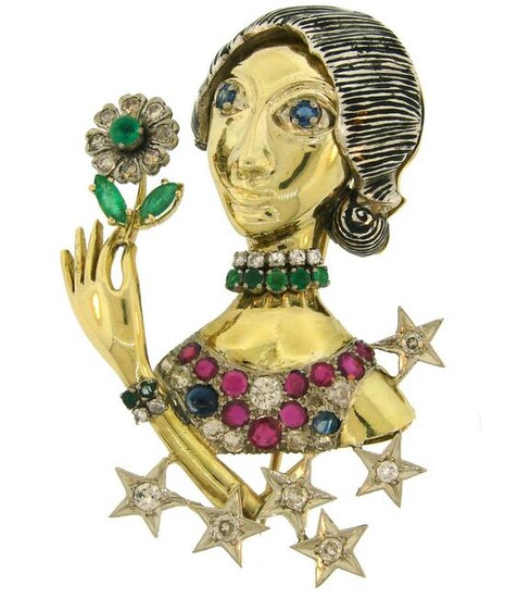 Diamond Ruby Sapphire Emerald Gold WOMAN with FLOWER