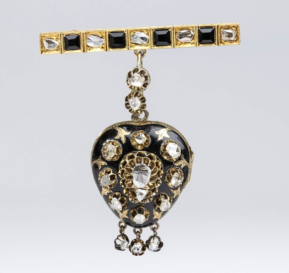 Diamonds, onix and enamel gold brooch/pendant - 19th century ba...