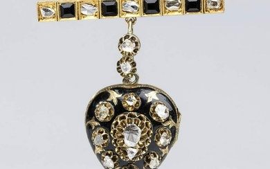 Diamonds, onix and enamel gold brooch/pendant - 19th century