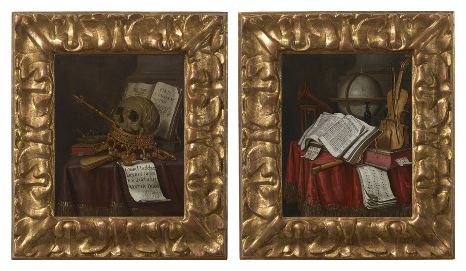 EDWART COLLIER (BREDA C.1640-1710 LEIDEN) A vanitas with a skull on on upturned crown, bubbles, and books on a draped table; and A vanitas with a globe, violin, open book, reed instruments and an hourglass on a draped table