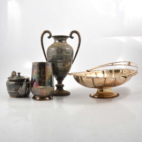 Edwardian brass lozenge-shape table centre-piece, and other plated wares.