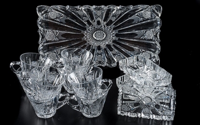 Eight Bohemian crystal cups and tray with four appetizer containers