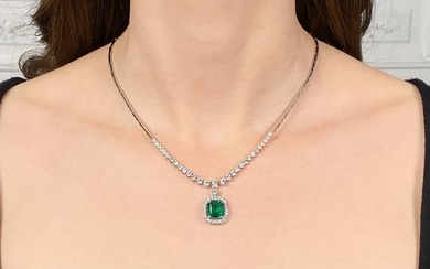 Emerald And Diamond Necklace, 18k White Gold