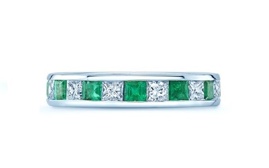 Emerald & Diamond Princess Cut Eternity Band In 18k White Gold, Size 6.25