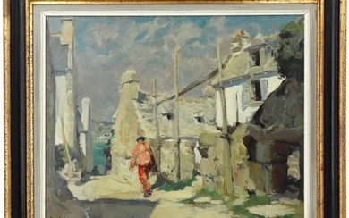 Emile SIMON (1890-1976) "Pêcheur dans la ruelle", oil on canvas, signed lower left, 38 x 46 cm (two small lacks of material lower left)