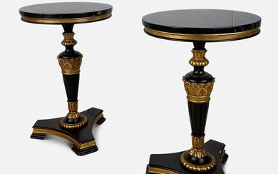 Empire Style Marble Top Pedestal Black and Gilt Gold Side Table PAIR